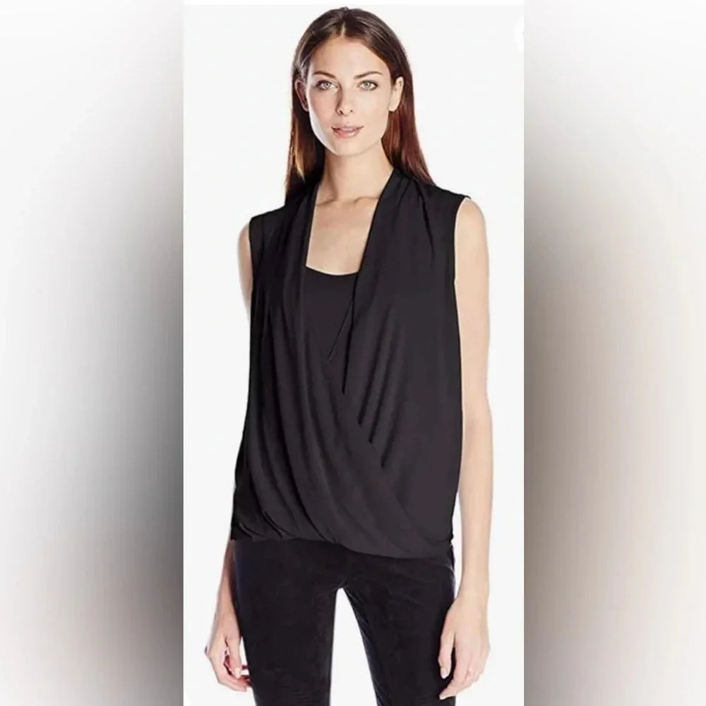BCBGMAXAZRIA Raychel Short Sleeve Drape  Front Black Blouse Size Medium